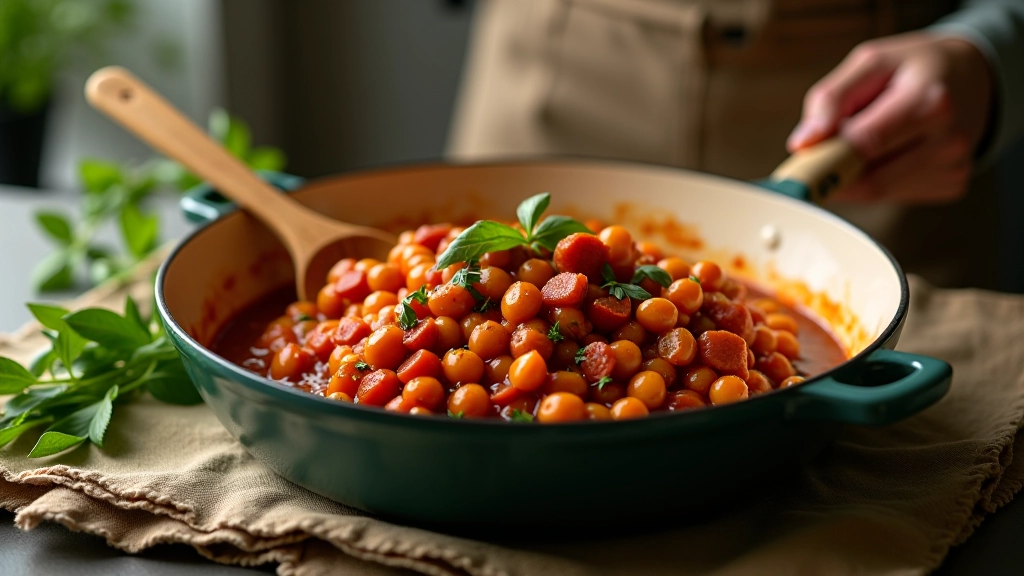 Pekáč s vařeným guláškem a připravenými součástkami na pracovní desce