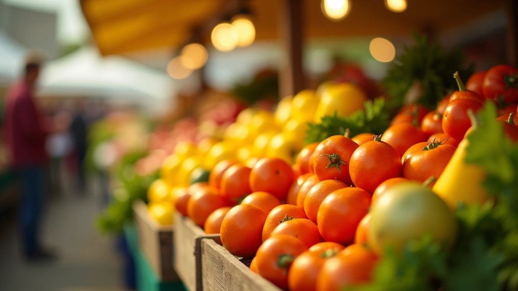 Různé druhy sezónního ovoce a zeleniny na trhu