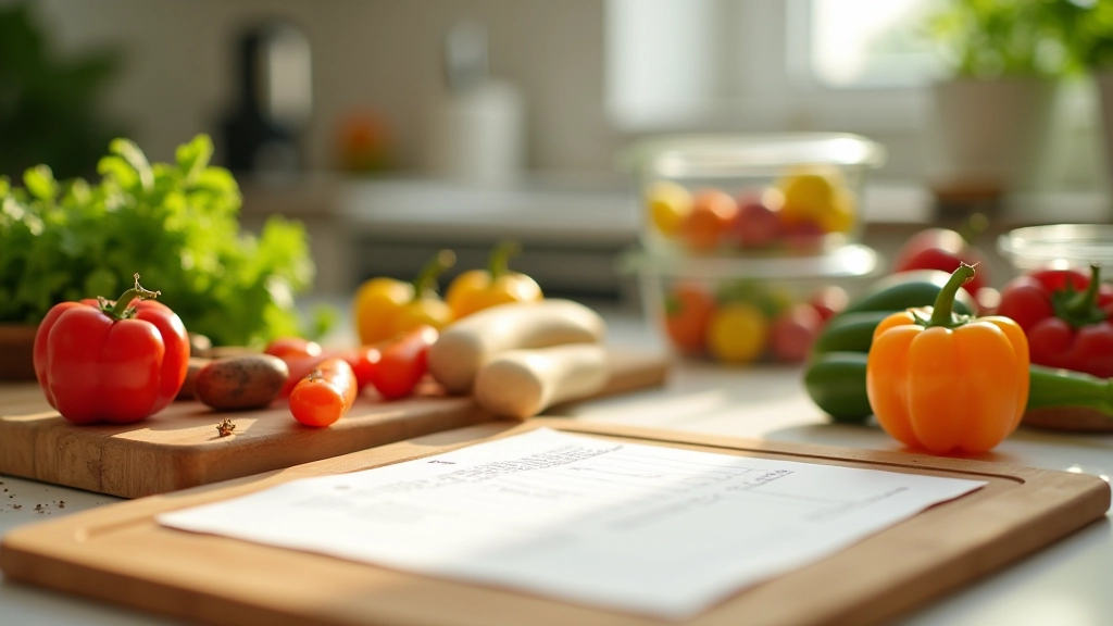Kuchyňský stůl se zeleninou, nádobami a seznamem přípravy jídla