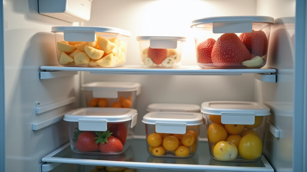 Otevřená chladička s připravenými plasovými krabicemi s jídlem a štítky na nich