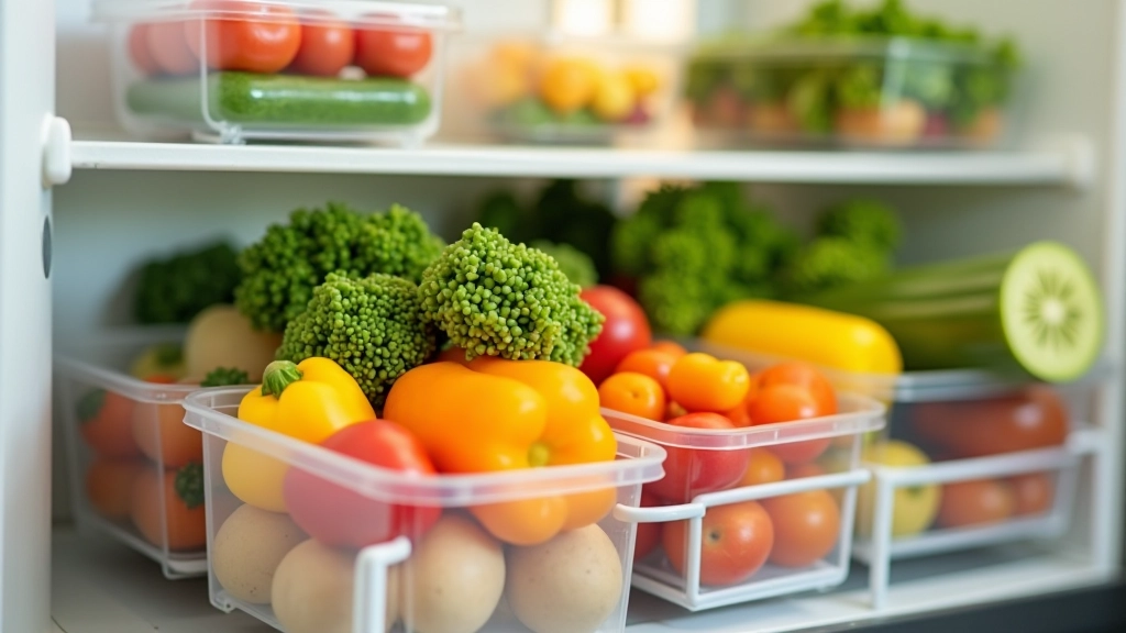 Lednice a zásuvky s čerstvou zeleninou organizovaně uloženou, průhledné nádoby s čerstvými produkty