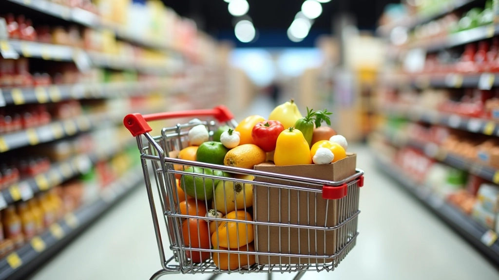 Nákupní vozík v supermarketu s produkty, které mají akční ceny z letáků