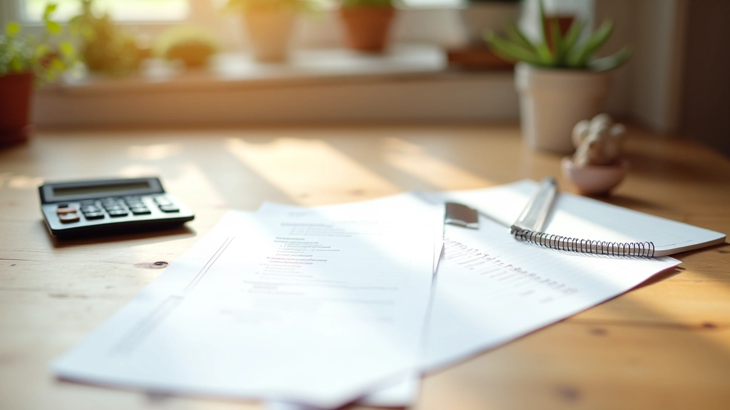 Nákupní seznamy a akční letáky na kuchyňském stole s kalkulačkou