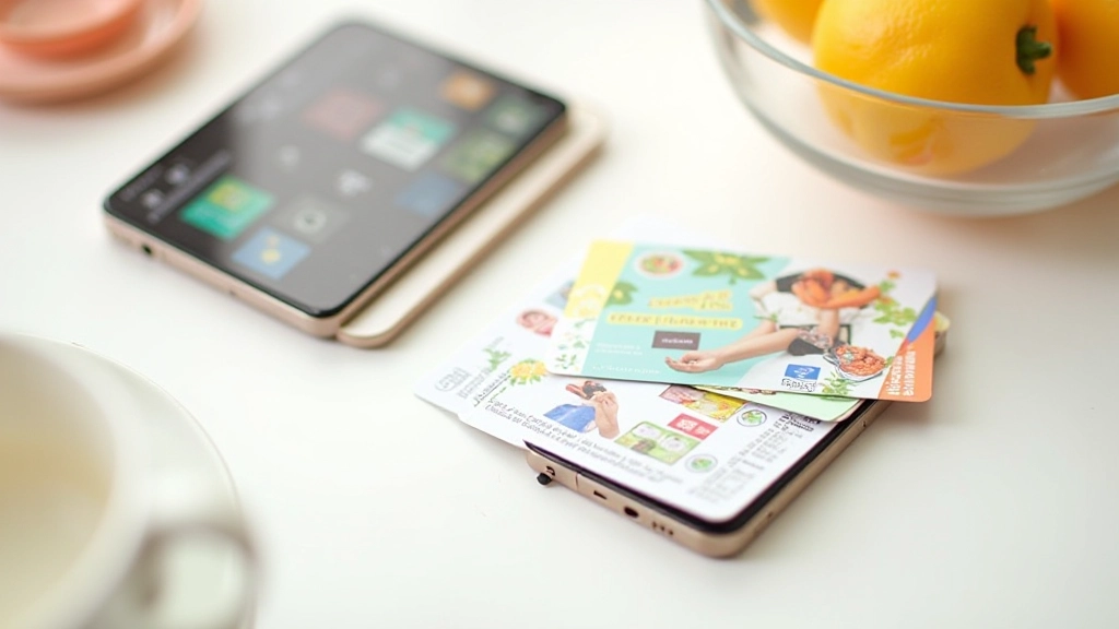 Tři věrnostní karty položené na stole vedle mobilního telefonu s aplikací obchodu