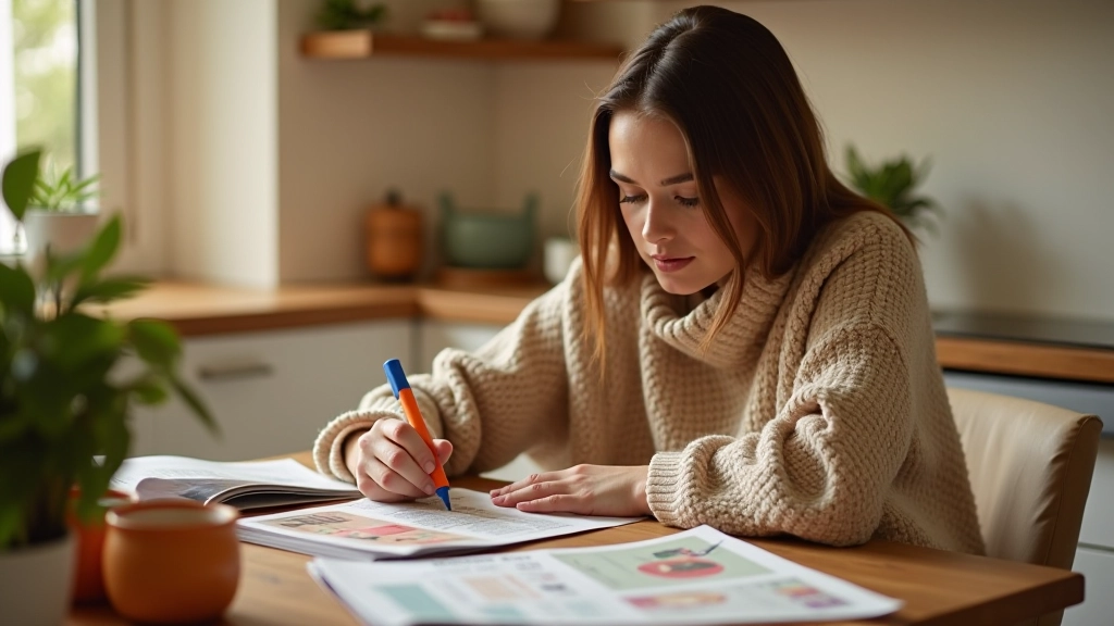 Osoba sedící za stolem s letáky a poznámkovým blokem, zvýrazňovačem a šálkem kávy