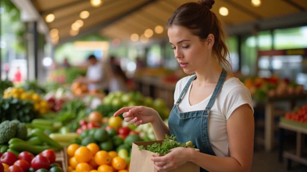 Osoba procházející farmářským trhem a zkoumající ceny u různých stánků s čerstvými produkty